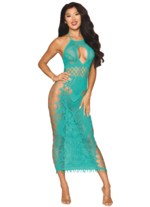 Robe longue résille fantaisie turquoise - DG0524AGA